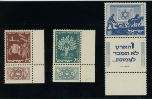 Israel Bale #52-54 Set - Plower and National Fund 1951 - w/tabs MNH CV $120.00