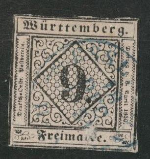 Wurttemberg Scott 5 nice 1851 stamp with Blue Esslingen c...