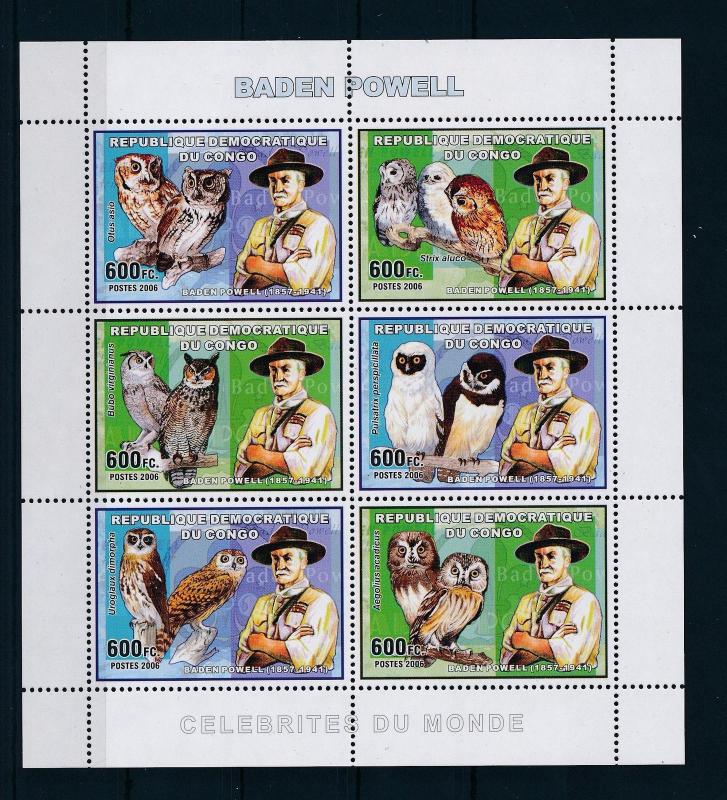 [28654] Congo Kinshasa 2006 Birds Vögel Oiseaux Owls Baden Powell MNH Sheet