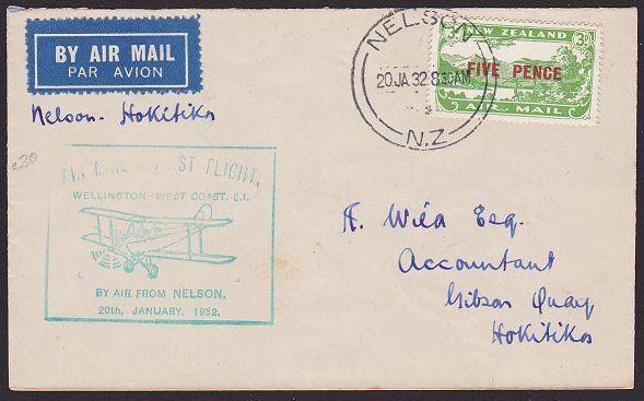 NEW ZEALAND 1932 West Coast survey flight cover Nelson to Hokitika..........2380