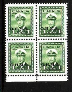 Canada-Sc#O1-Unused 1c green KGVI overprinted OHMS-block of 4-og-NH-1949-50-Cdn5