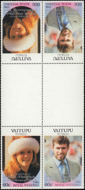 Tuvalu-Vaitupu #68-69, Complete Set(2), Gutter Blks of 4, 1986, Royalty, NH