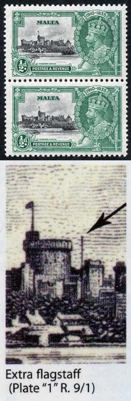 Malta SG210a 1935 Silver Jubilee 1/2d Pair with Extra Flagstaff M/M