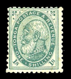 Tonga #5 Cat$62.50, 1888 1sh blue green, hinge remnant