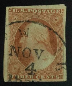 MOMEN: US STAMPS #10 VAR. ORANGE BROWN IMPERF GASH IN SHOULDER USED LOT #55275