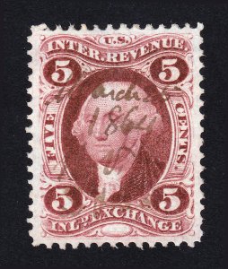 U.S. REVENUE STAMP 5¢ SCOTT #R27C INLAND EXCHANGE USED PEN CANCEL 1864 F/VF