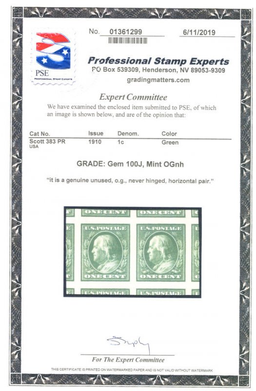 MALACK 383 JUMBO GEM OG NH, PAIR, w/PSE (GRADED 100-..MORE.. gg1466