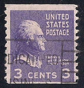 842 3 cent Thomas Jefferson coil Stamp used F