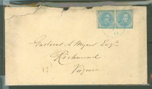 Confederate States 6 1862 horizontal pair cut into at top and bottom; blue Dublin, VA cancel to attorney Gustayus Myers in Richm