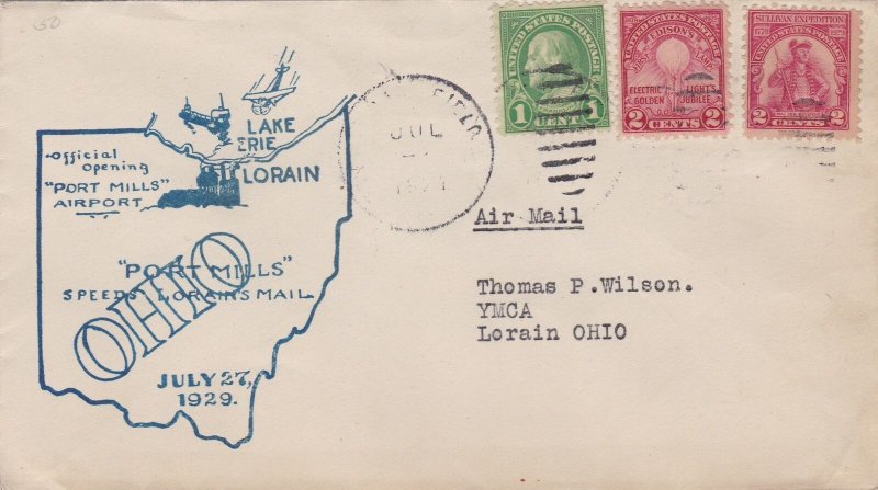U.S. Airmail 1929 PORT MILLS Speeds Lorains Mail Ohio Slogan Stamps Cover  48473