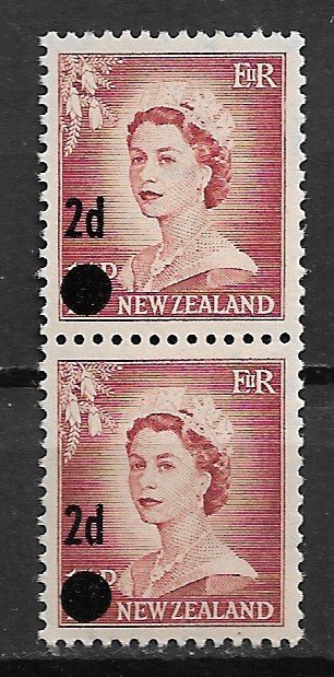 1958 New Zealand 319  Surcharged 2d over 1½ Queen Elizabeth MNH pair.