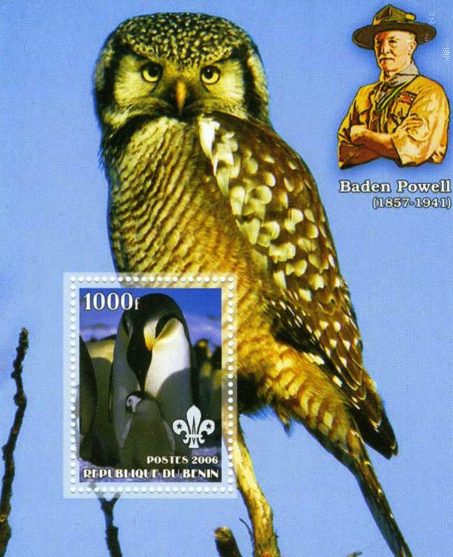 Benin 2006 Owls & Penguins Scout Emblem s/s Perforated mnh.