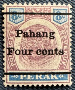 MALAYA 1899 PAHANG Four Cents opt PERAK Tiger 8c MH SG#25 M5522