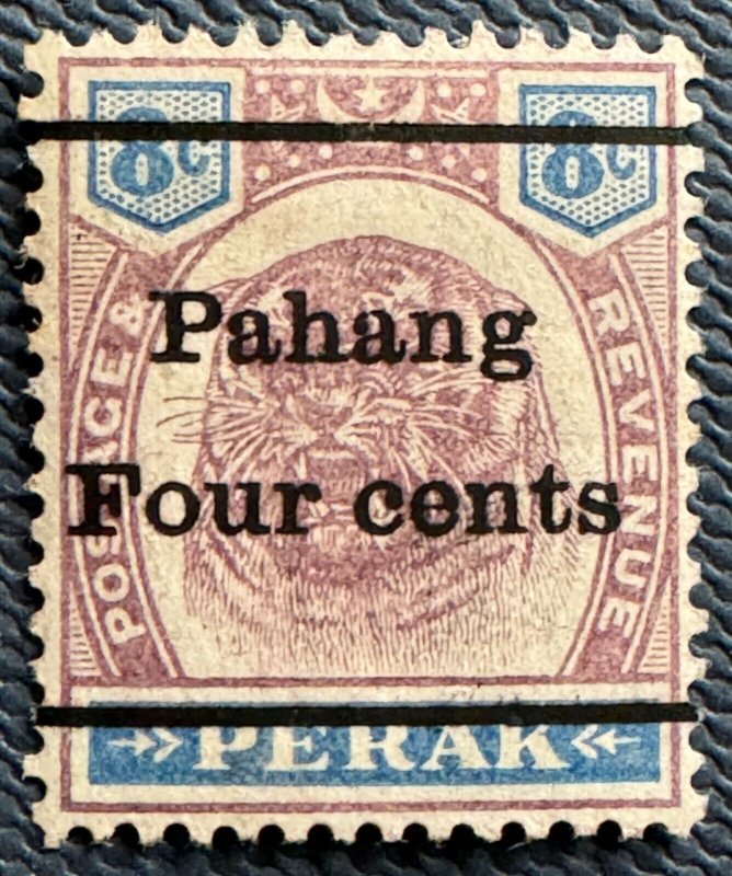 MALAYA 1899 PAHANG Four Cents opt PERAK Tiger 8c MH SG#25 M5522