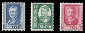 Iceland #284-286 Cat$54.75, 1954 1.25k-5k, set of three, lightly hinged, penc...