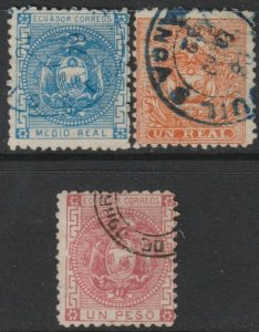 Ecuador Sc# 9, 10, 11 Coat of Arms 1872 complete used set CV $37.00