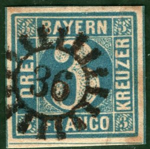 Germany States BAVARIA Stamp Scott.2 3kr (1849) Used Superb *36* Numeral BLACK77