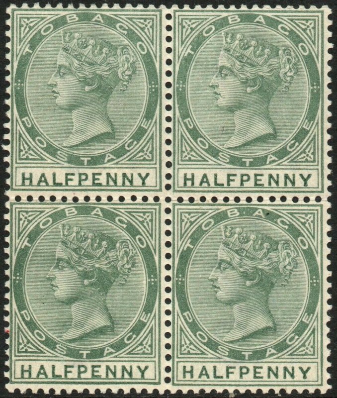 TOBAGO-1886 ½d Dull Green Block of 4 Sg 20 gum toning UNMOUNTED MINT V48549