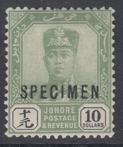 SG 125 Malaya Johore 1922-41. $10 green & black, overprinted specimen...