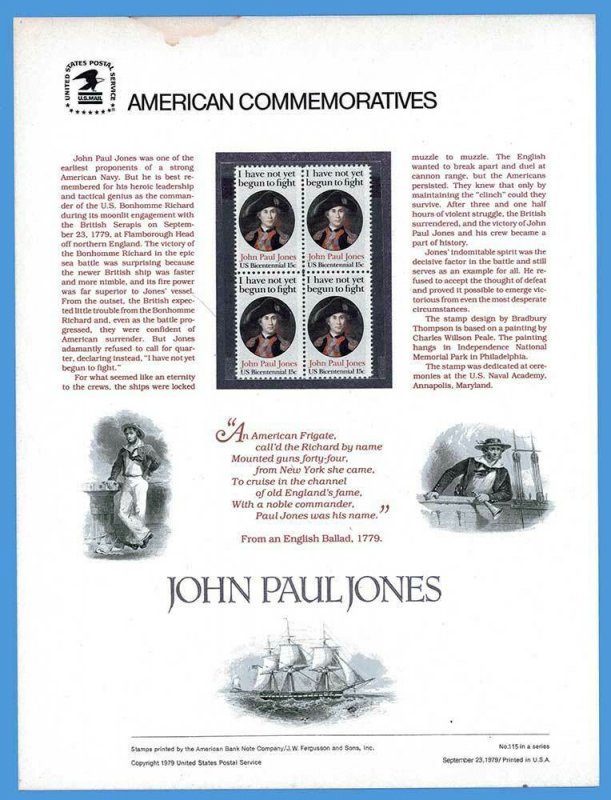 USPS COMMEMORATIVE PANEL #115 JOHN PAUL JONES #1789