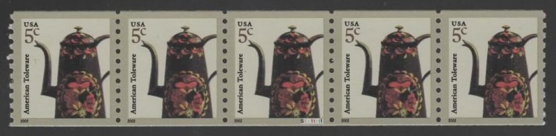 U.S. #3612 MNH Plate #S111111 Strip of 5 American Toleware