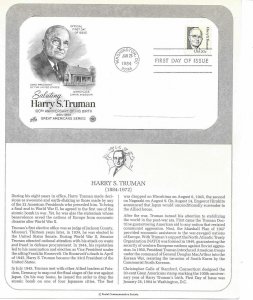 1984 Harry S. Truman Sc 1862 FDC info page PCS Great Americans Series ArtCraft