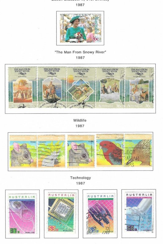 Australia 1987 used 2018 SCV $19.10 - 2 pages - all single stamps   13865
