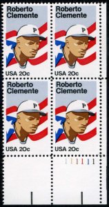 1984 Roberto Clemente Plate Block Of 4 20c Postage Stamps, Scott# 2097, MNH, OG