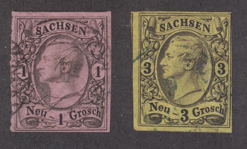 Saxony Sc 10, 12 used. 1855 King John I imperf definitives, 1ng and 3ng values