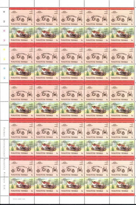 Tuvalu Nukufetau Sc# 1 MNH pane/50 SPECIMEN (folds) 1984-1985 5c Automobiles