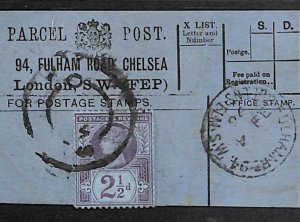 GB Chelsea PARCEL POST LABEL *94 FULHAM ROAD* London QV 2½d Jubilee 1896 QB31