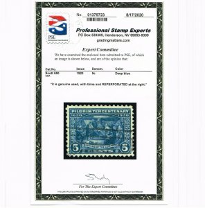 EXCELLENT GENUINE SCOTT #550 F-VF USED 1920 DEEP BLUE 5¢ PILGRIM TERC. PSE CERT