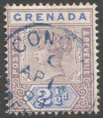 GRENADA 1895 Sc 42, Used  2-1/2d QV with blue CONCORD village cancel, Index C, F