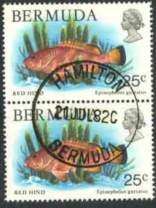 BERMUDA 1978-79 QE2 25c RED HIND FISH Pair Sc 372 VFU Complete Postmark