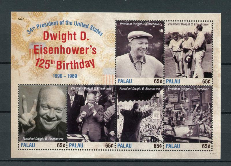 Palau 2015 MNH Dwight D Eisenhower 125th Birthday 34th US President 6v MS Stamps