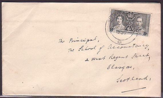 MALAYA SS SINGAPORE 1937 Coronation 8c on commercial cover to UK...........34827