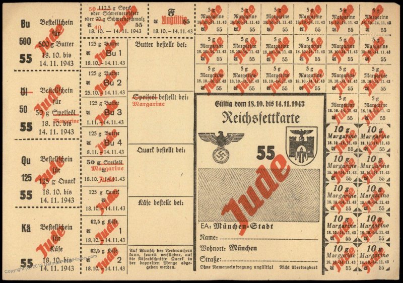 3rd Reich Germany 1943 Munich Butter and Lard Ration Card for Jewish Perso 96261