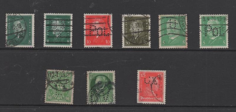 Germany  Scott # 193, 356, 368, 370, 371, 381, & Bavaria 97  Perfins   single