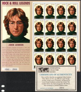 1995 Guyana John Lennon 1940-1980 w/ cert complete sheet MNH Sc# 3006 CV $12.00