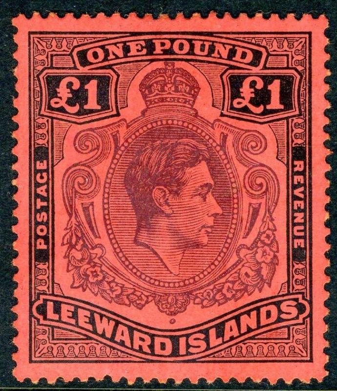 LEEWARD ISLANDS-1938-51 £1 Brown Purple & Black/Red lightly mounted mint Sg 