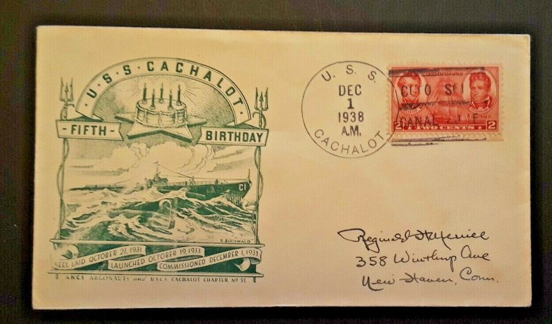 1938 USS Cachalot To New Haven CT Fifth Birthday Illustrated Naval Cover