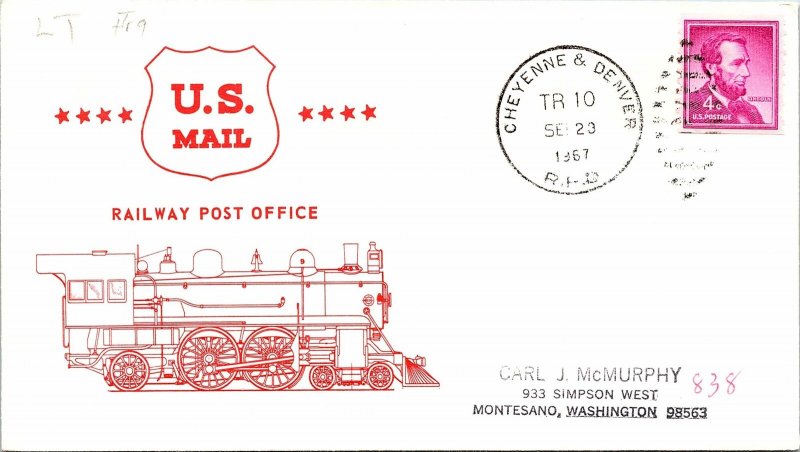 1967 Cheyenne & Denver R.P.O. Railway Post Office + Train Cachet #109