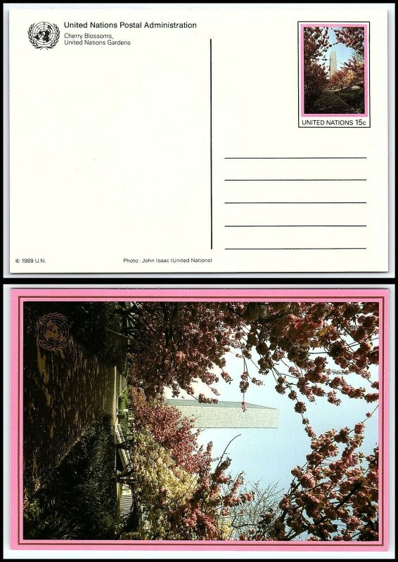 1989 UNITED NATIONS Postal Card-New York, UN Gardens, Cherry Blossom, Unused T10 