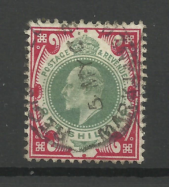 1902/10 De La Rue Sg 257, 1/- Dull Green & Carmine, F/used (3000-9)