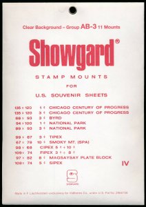 Showgard Stamp Mount Set Group AB-3 US Souvenir Sheet - CLEAR - Pk of 11  PRECUT