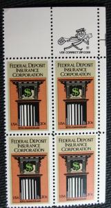 US #2071 MNH, Zip Block of 4, FDIC, SCV $1.65 L10
