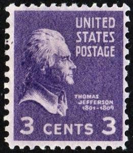 U.S.# 807 Thomas Jefferson 3c Single, MNH.