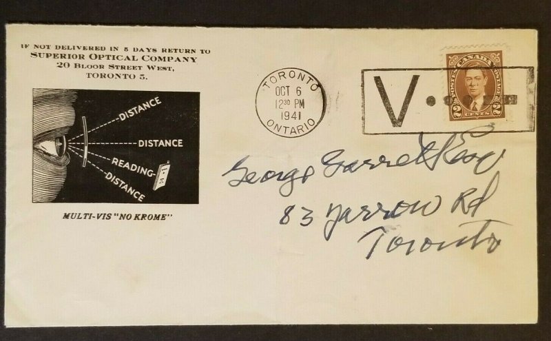 1941 Toronto Canada 2 ct Brown KGVI Multi Issue Stamp Optician Advertising Cover