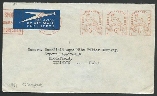 SOUTH AFRICA 1951 airmail cover to USA, 3d,6d & 1/- Springbok meters.......59177