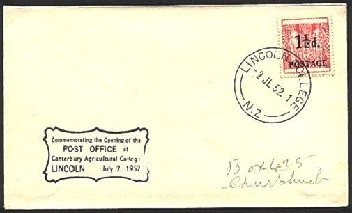 NEW ZEALAND LINCOLN COLLEGE 1952 PO opening commem cover...................99355